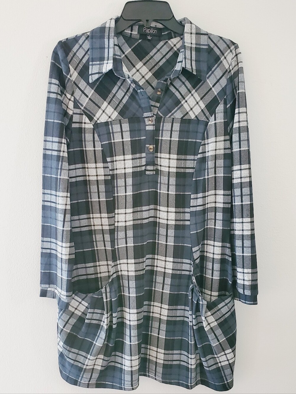 Papillon Blanc Blue White Plaid Shirt Dress Size Large